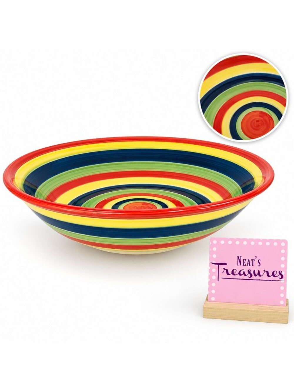 Tabletops SWIRL Red Blue Hand Painted Stoneware Pasta Salad 12 1/4" Serving Bowl